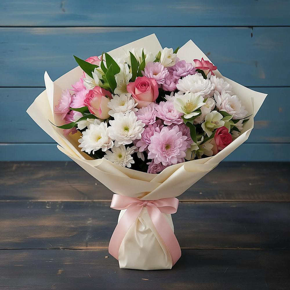 Букет цветов из: Хризантемы, Альстромерии и Розы в Щекино